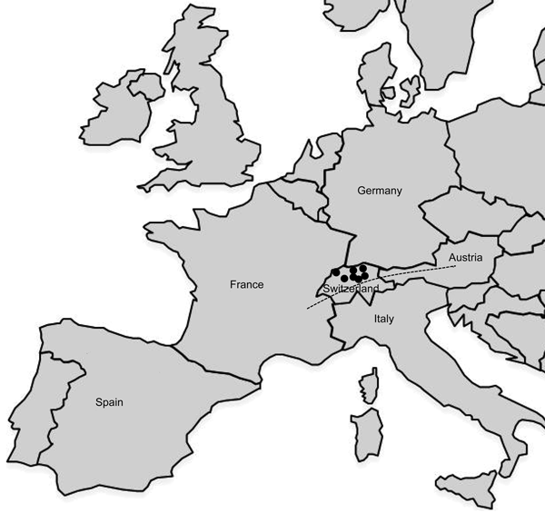 Geographic distribution of Francisella tularensis subsp. holarctica strains of the central and western European genetic cluster isolated in Switzerland. Dots represent the geographic origin of the isolates (from 7 Swiss cantons). The dashed line indicates the Alps. Strains of the subclade B.Br:FTNF002–00 are known to be present in France and Spain.