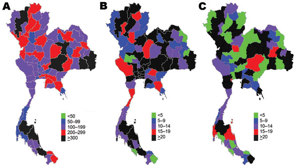 Density of selected health system resources available for pandemic influenza across provinces, Thailand. A) Surveillance and rapid response team personnel; B) internal medicine physicians; C) critical care nurses.