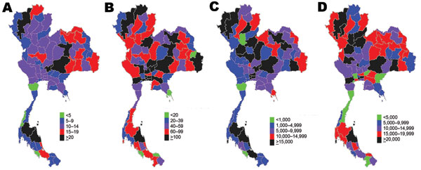 Density of selected health system resources available for pandemic influenza across provinces, Thailand. A) Negative-pressure rooms; B) adult respirators; C) surgical masks; D) oseltamivir tablets.