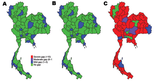Gaps in health system resources (adult respirators) likely to occur for 3 scenarios of prepandemic influenza across provinces, Thailand. A) Scenario 1; B) scenario 2; C) scenario 3.