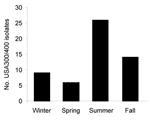 Thumbnail of Number of USA300/400 methicillin-resistant Staphylococcus aureus (MRSA) isolates submitted by season, Iowa, USA, 2006.