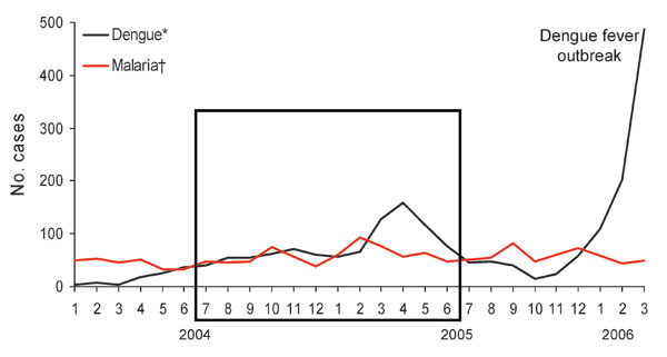 Comparison of confirmed cases of dengue fever and of symptomatic malaria in patients examined at the emergency department of Cayenne Hospital, Cayenne, French Guiana, January 2004–March 2006. The black frame corresponds to the period of the retrospective study (July 2004–June 2005). *Cases confirmed by positive test results from reverse transcription–PCR or virus isolation (Pasteur Institute, Cayenne). †Cases diagnosed based on recorded fever or history of fever in the previous 24 h associated w