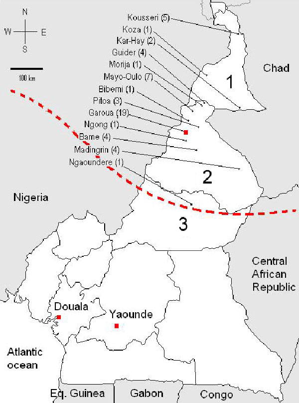 Map of Cameroon showing the geographic distribution of 53 laboratory-confirmed cases of serogroup W135 meningococcal meningitis (2007-2008). 1, Extreme North Province; 2, North Province; 3, Adamaoua Province; dashed line, southern limit of the African meningitis belt. The number of confirmed cases in a given place is indicated in parentheses. Eq. Guinea, Equatorial Guinea.