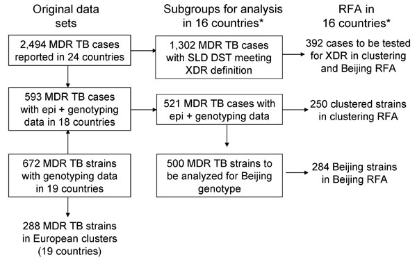Description of MDR TB cases in Europe selected for data analysis, January 2003–July 2007. RFA does not include data from Germany and Lithuania. MDR TB, multidrug-resistant tuberculosis; SLD, second-line drug; DST, drug-susceptibility test; RFA, risk factor analysis. *Countries: Belgium, Czech Republic, Denmark, Estonia, Finland, France, Germany, Ireland, Israel, Lithuania, the Netherlands, Norway, Spain, Sweden, Switzerland, and the United Kingdom.