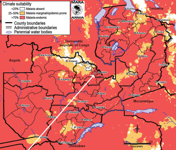 Malaria endemicity in Zambia. This map is a product of the Mapping Malaria Risk in Africa/Atlas du Risque de la Malaria en Afrique (MARA/ARMA) collaboration (www.mara.org.za), July 2005. Malaria distribution was obtained from Craig et al. (14). Topographic data were obtained from African Data Sampler, World Resources Institute (www.igc.org/wri/sdis/maps/ads/ads_idx.htm).