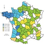 Thumbnail of Distribution of control weightings calculated as the ratio of the percentage of flocks with &gt;20 ewes in the county over the average percentage of flocks with &gt;20 ewes for atypical scrapie in sheep, in France, 2007. Ranges represent classes of weightings.