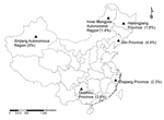 Thumbnail of Study sites (triangles) in the People’s Republic of China where rodents were collected, 2004–2006. Numbers in parentheses are co-infection rates of rodents with 2 or 3 tick-borne agents.