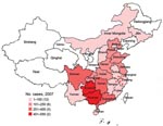 Thumbnail of Distribution of human rabies cases in mainland China, 2007. Red stars indicate ferret badger–associated human rabies cases. Numbers in parentheses in key indicate number of affected provinces.
