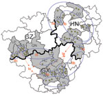 Thumbnail of Locations of 15 cities selected for specimen collection in Guizhou (GZ), Hunan (HN), and Guangxi (GX) provinces, in southern People’s Republic of China, 2005–2007, and genetic groups and subgroups of 60 samples analyzed for rabies virus. Roman numerals and letters indicate genotypes, gray areas indicate regions selected for specimen collection, yellow circles indicate specimens collected, ovals indicate regions with the same genotype, and arrows indicate specimens with the same geno
