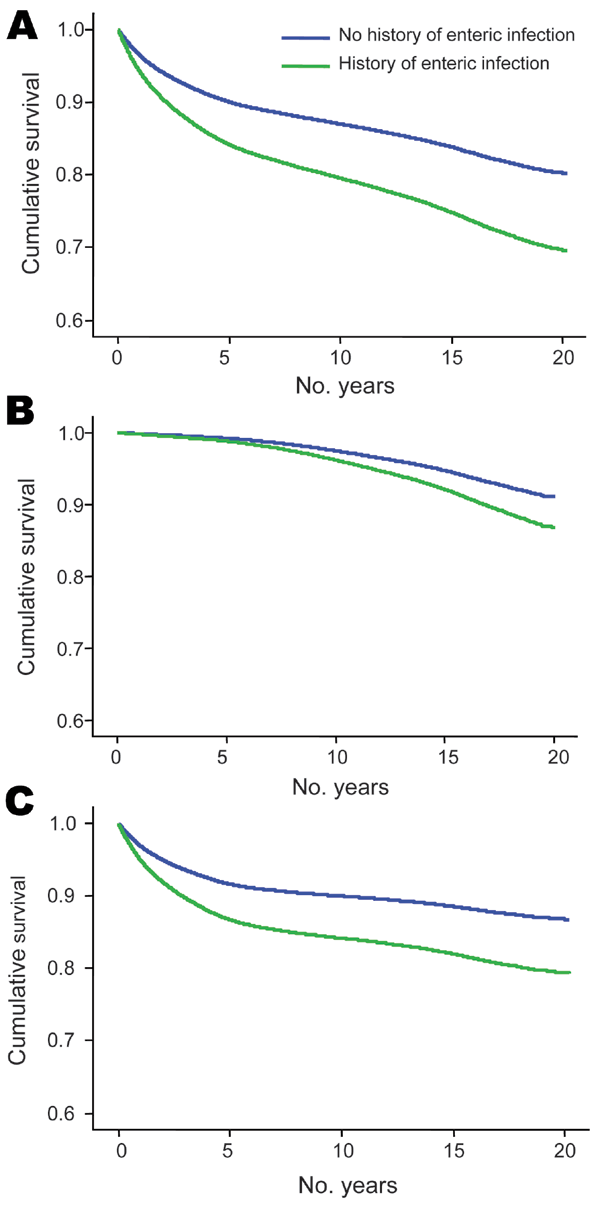 Kaplan-Meier estimates of the adjusted survivor function with respect to any sequelae (A), intragastrointestinal sequelae (B), and extragastrointestinal sequelae (C) for those with and without prior enteric infection, Western Australia, Australia, January 1, 1985–December 31, 2000.