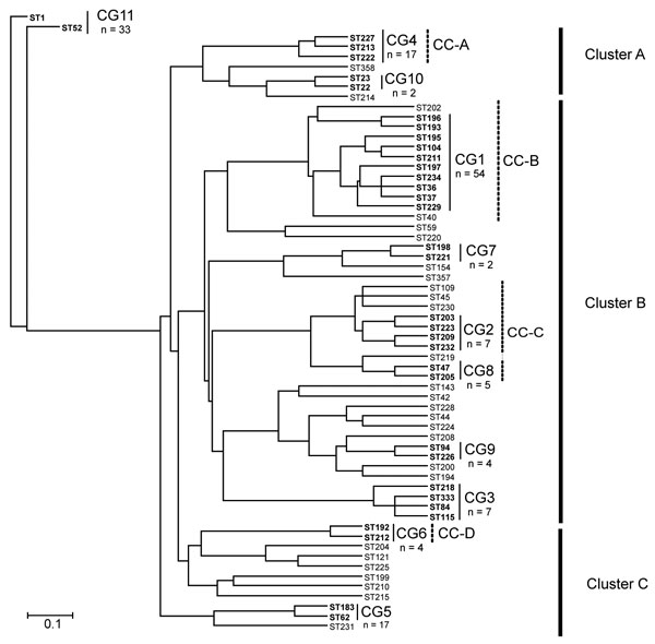 Dendrogram created by the unweighted pair group method with arithmetic mean method based on the 62 allelic profiles of 194 Legionella pneumophila serogroup 1 isolates. Clonal groups (CGs) identified by eBURST (http://eBURST.mlst.net) are indicated with solid lines, and STs included in CGs are in boldface. Ontario STs included in clonal complexes (CC) identified by comparative eBURST analysis with the European Working Group for Legionella Infections database are indicated with dashed lines. The 3