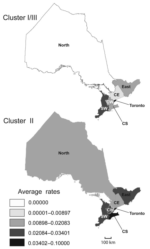 Geographic distribution of phylogenetic clusters II and I/III from 1990 through 2007. Rates are cases of infection with Legionella pneumophilia serogroup 1 clones per 100,000 persons per year. The province of Ontario was divided into 7 health regions (OHRs) with populations ranging from ≈0.5 to 2 million persons: Toronto, South West (SW), Central South (CS), Central West (CW), Central East (CE), East, and North.