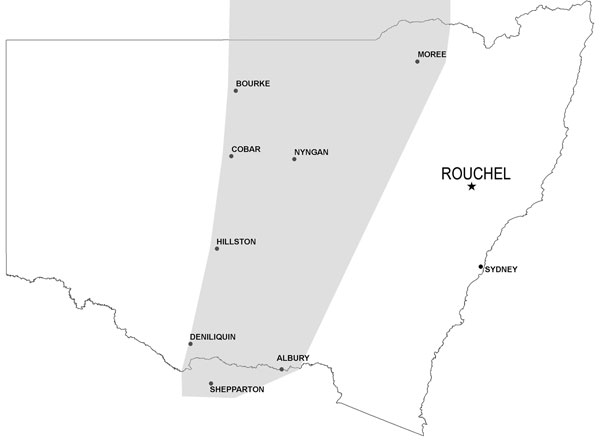 Map of New South Wales, Australia, showing the anthrax belt (gray shading) and the Rouchel location where anthrax reemerged during December 14, 2007–January 3, 2008.