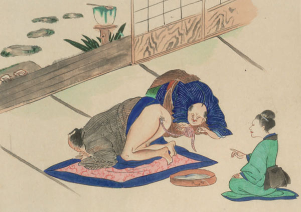 Wood print depicting a man passing a strobila of a broad tapeworm. The caption (not shown) said, “The man ate masu salmon. After a time, a strange object emerged from the anus and was pulled out: it turned out to be 2–3 m long.” From Shinsen Yamaino Soushi, by Daizennosuke Koan (1850). Courtesy of the Tohoku University Medical Library.