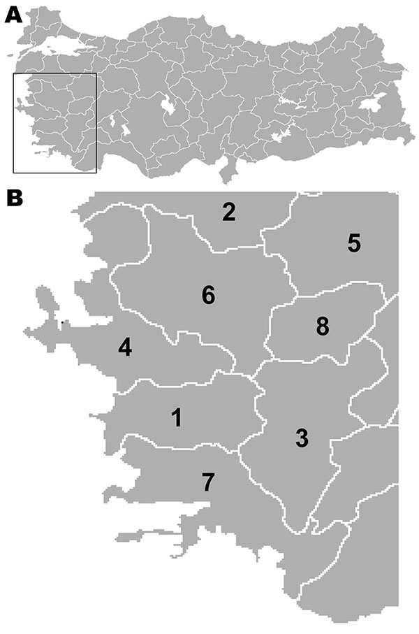 A) Map of Turkey showing location of Aegean region (box). B) The 8 provinces in the Aegean region of Turkey that were studied for spatial and temporal incidence of rabies during 1998–2007. 1, Aydin; 2, Balikesir; 3, Denizli; 4, Izmir; 5, Kütahya; 6, Manisa; 7, Mugla; 8, Usak.