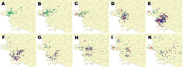 Location of rabies cases in the 3 most affected species in Aegean region by year, 1998–2007. Red, red foxes; green, dogs; blue, cattle.