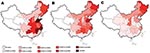 Thumbnail of Geographic distribution and annual incidence of hemorrhagic fever with renal syndrome in China in 1986 (A), 1996 (B), and 2006 (C).