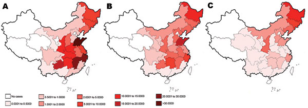 Geographic distribution and annual incidence of hemorrhagic fever with renal syndrome in China in 1986 (A), 1996 (B), and 2006 (C).