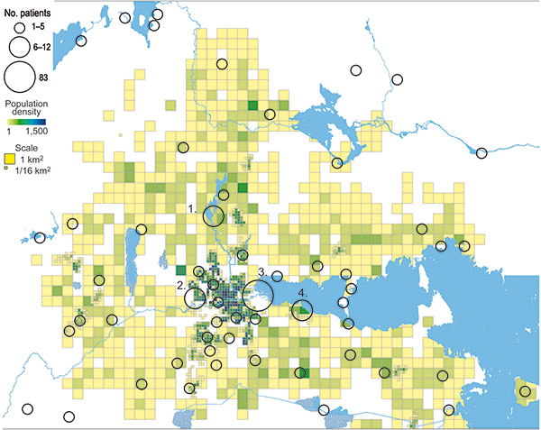 Geographic distribution of 202/240 places of tularemia transmission in Örebro, Sweden, 2000–2004. Four recreational areas were disease cluster sites for tularemia transmission: 1) Lake Lången, 2) Karslundsskogen/Hästhagen, 3) Oset/Rynningevikens nature reserve, and 4) Ekeby-Almby.