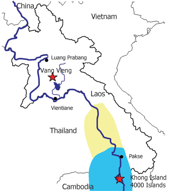 Map of Laos. The area in which Schistosoma mekongi is known to be endemic is highlighted in light blue. The area highlighted in light yellow shows both the known area and the area predicted by Attwood’s paleogeographic models (1) to be inhabited by Neotricula aperta (freshwater snails), the known intermediary host for S. mekongi. Two foci of travel-related schistosomiasis are also highlighted with red stars. The dark blue line shows the route of the Mekong River.