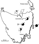 Thumbnail of Map of Tasmania, Australia, showing number of positive (black) and negative (white) ticks and their locations. The question mark indicates unknown locations. A total of 55% of the ticks were positive for a spotted fever group rickettsia.