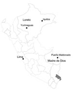Thumbnail of Selected sites in Peru of passive surveillance study to determine arboviral causes of febrile illness in Peru, established in 2000 by Naval Medical Research Center Detachment and the Ministry of Health of Peru (protocol NMRCD.2000.0006). Sites shown include those of 2 patients with evidence of acute Venezuelan equine encephalitis virus infection. Shaded area is Titicaca Lake.