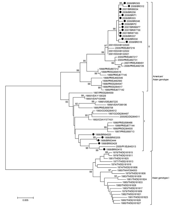Neighbor-joining phylogenetic tree of 68 complete envelope (E) gene sequences of dengue virus type 2 (DENV-2). Only bootstrap values &gt;80% are shown. DENV-2 sequences obtained from 21 patients infected during the 1990, 1998, and 2007–2008 epidemics were isolated from acute-phase cases. Viral RNA was extracted from 140 µL of serum or supernatant of infected C636 cell cultures by using the QIAamp Viral RNA Mini Kit (QIAGEN, Valencia, CA, USA), and cDNA synthesis was performed by using the Thermo