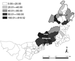 Thumbnail of Annualized average incidence of human brucellosis, Inner Mongolia Autonomous Region, People’s Republic of China, 1999–2008.