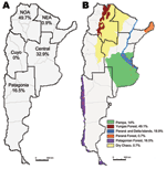 Thumbnail of Distribution of hantavirus pulmonary syndrome (HPS) cases in Argentina, 1995–2008. A) The 5 Argentine epidemiologic regions and percentages of HPS cases in each one are shown. B) Six of the 18 ecoregions (18) represented by the colors indicated in the reference key; percentages of HPS cases in each ecoregion are shown. Location of HPS cases is represented approximately by point density. Total no. of cases analyzed: 692; confirmed cases of person-to-person transmission were excluded