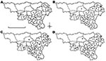 Thumbnail of Distribution of red deer samples obtained in Belgium (Wallonia) in A) 2005, B) 2006, C) 2007, and D) 2008, and location of forest districts. White circles indicate districts where only seronegative animals were detected, and black circles indicate districts where seropositive animals were detected. Scale bar indicates 100 km.