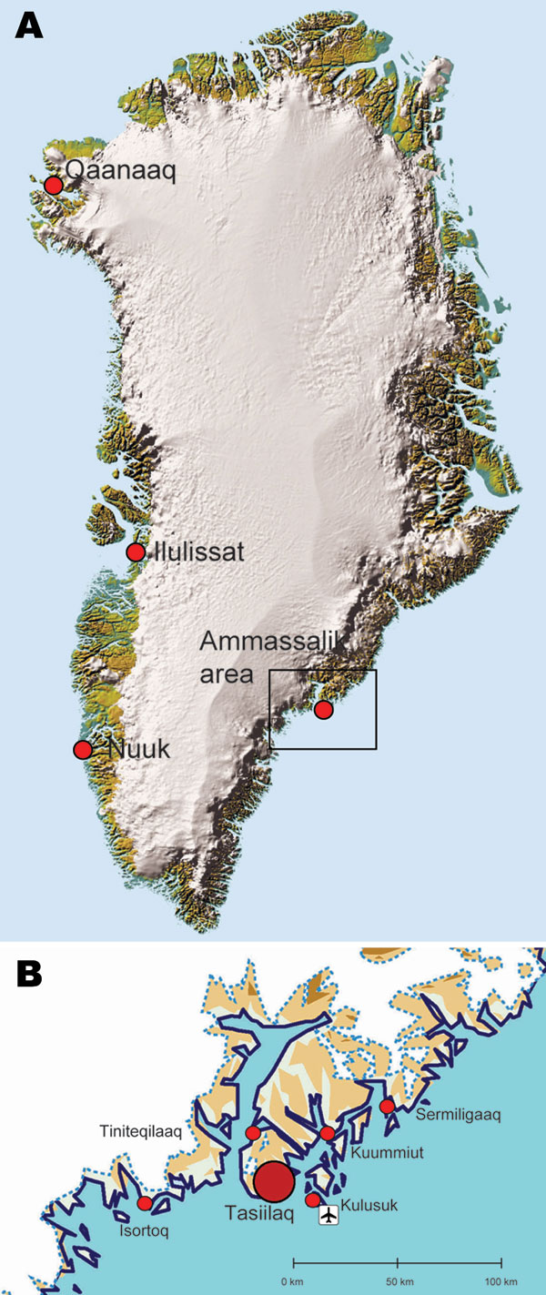 A) Ammassalik area (box) in Greenland. B) Main towns in the Ammassalik area. Red circles show the main town of Tasiilaq and 5 settlements. Location of the airport is indicated. Reprinted with permission of the National Survey and Cadastre [Kort og Matrikelstyrelsen], Danish Ministry of the Environment, Copenhagen, Denmark.