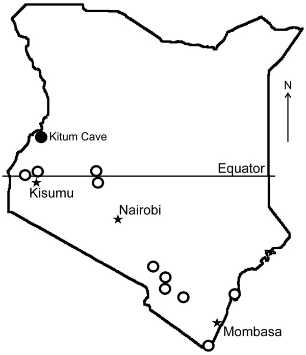 Bat collection sites (open circles) and location of Kitum Cave, Kenya, where Lake Victoria Marburgvirus was detected (solid circle).