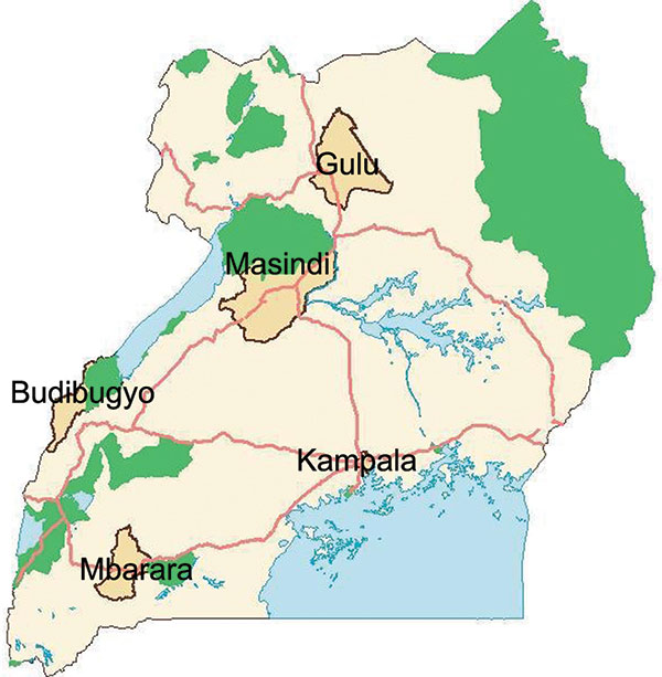 Major towns in Uganda. Districts and major towns share the same names. Green shading, national parks; red lines, main roads; blue shading, perennial lakes.