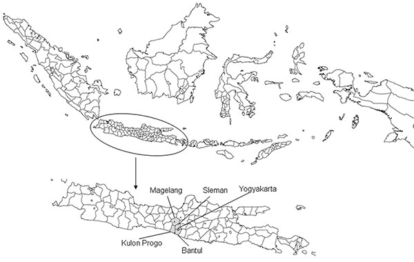Location of districts in Central Java, Indonesia, where ducks and in-contact chickens were monitored bimonthly for avian influenza (H5) during March 2007–March 2008.