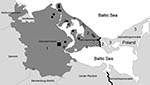 Thumbnail of Region in Germany and Poland investigated for Trichinella spp. 1, Ostvorpommern, Germany; 2, Usedom Island, Germany; 3, Wolin Island, Poland. Triangles, Trichinella spp.–positive cases in raccoon dogs; circles, cases in wild boars; square, location of outbreak farm; white circles and triangles, cases in 2005; light gray circles, cases in 2006; dark gray circles, cases in 2007; black circles, cases in 2008.