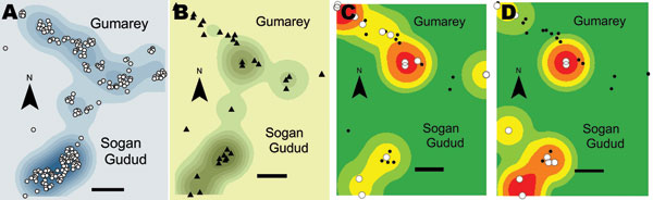 Distribution of human population and infected and uninfected mosquitoes across the selected study areas, Gumarey and Sogan-Godud, Masalani Division of Ijara District, Kenya. A) Area homestead locations (circles) and relative area density of human population (contours, 500-m kernel density; darker color indicates higher values). B) Study trap locations (triangles) and area density of mosquitoes (contours for average mosquitoes per trap, 500-m kernel density). C) Homestead locations of mosquito po