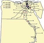 Thumbnail of Residences of 63 case-patients with avian influenza virus (H5N1) infections, Egypt, 2006–2009. 1, Alexandria; 2, Kafr El Sheikh; 3, Gharbia; 4, Menofia; 5, Qalubiya; 6, Behera; 7, Damietta; 8, Dakahlia; 9, Sharkia; 10, Cairo; 11, 6th of October; 12, Suez; 13, Fayoum; 14, Benu Suef; 15, Menia; 16, Assyut; 17, Sohag; 18, Qena; 19, Aswan.