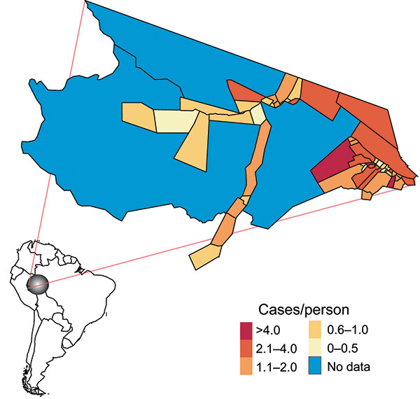 Mâncio Lima is the westernmost county in Brazil. The 2006 malaria incidence (cases/person) is mapped according to health districts (n = 54).