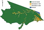 Thumbnail of Deforestation trends in Mâncio Lima, Brazil, based on PRODES (Programa de Cálculo do Desflorestamento da Amazônia) 60 × 60–meter classified satellite imagery. The health districts are outlined in black. Baseline deforestation that occurred in 1997 is orange, deforestation that occurred between 1997 and 2006 is light brown, nonforested land is blue, and forested land is green.