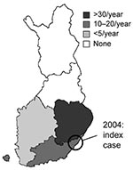 Thumbnail of Municipality in Finland where human babesiosis infection (index case) was acquired and 3 bovine babesiosis cases were found in 2004. Average annual number of cases of babesiosis in cattle during 1997-2003 is indicated
