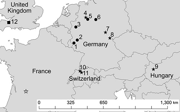 Locations in Europe of bats positive for Geomyces destructans by PCR alone (circles) or by PCR and culture (solid stars) and bats negative for G. destructans but positive for other fungi (square). Numbers for locations correspond to those in Table 2. Sites 7, 8, and 9 had additional bats that were positive for G. destructans only by PCR. Location of a bat positive for G. destructans in France (16) is indicated by an open star. Some sites had &gt;1 bat species with evidence of colonization by G.