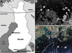 Thumbnail of Sites at which rodents were trapped during winters of 2008 and 2009, Finland. A) Locations of trapping sites within Finland. B) Kokkola archipelago, where Siberian subtype of tick-borne encephalitis virus is endemic: 1,Trullevi, Kupu Island; 2,Trullevi; 3, Enträskholmen Island; 4, Börskär Island; 5, Norra Hamnskäret Island; 6, Harrbådan. C) Helsinki archipelago, Isosaari, where European subtype of tick-borne encephalitis virus is endemic: 7, Isosaari Island; 8, Harmaja Island. Scale