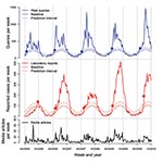 Thumbnail of Number of queries for *vomit* submitted to a medical Web site (A), number of laboratory-verified norovirus samples (B), with baselines and 99% prediction intervals, and number of media articles about winter vomiting disease (C) in Sweden, 2005–2010.