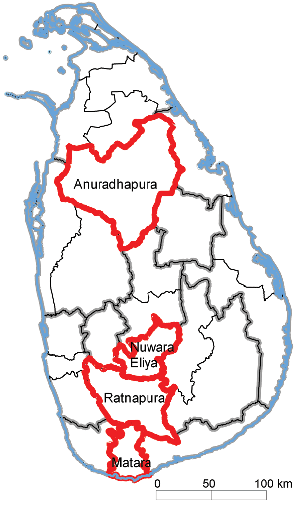 Study districts in Sri Lanka where field veterinarians participated in the Infectious Disease Surveillance and Analysis System and obtained data on animal health during their daily work activities. Study districts are indicated by red outlines; provincial boundaries are indicated in gray, and district boundaries are indicated in black.