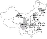 Thumbnail of Distribution of the Bordetella pertussis isolates collected during 1953-2005 in China. Places where the isolates were recovered are indicated by shading, and the numbers of isolates obtained from each location are provided within parenthesis. Of the 96 isolates studied, no information about origin was available for no. 23.