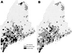 Thumbnail of Towns where dogs were tested for seropositivity to Borrelia burgdorferi (A) and Anaplasma phagocytophilum (B) in a statewide serosurvey of domestic dogs, Maine, USA, 2007.