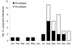 Thumbnail of Monthly distribution of sporadic cases of Cryptosporidium cuniculus, C. hominis, and C. parvum infection in England, Wales, and Scotland, 2007–2008.