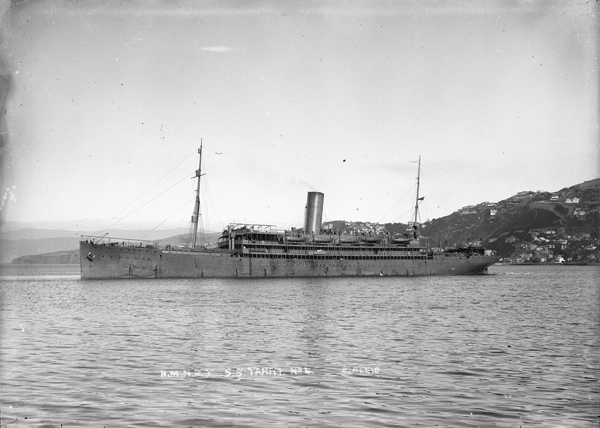 His Majesty’s New Zealand Transport Tahiti in Wellington Harbor (c. 1914–1919). Photograph was taken by an unidentified photographer (23).