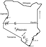 Thumbnail of Field sites where bats were collected in Kenya. Numbers identify collection sites (5).