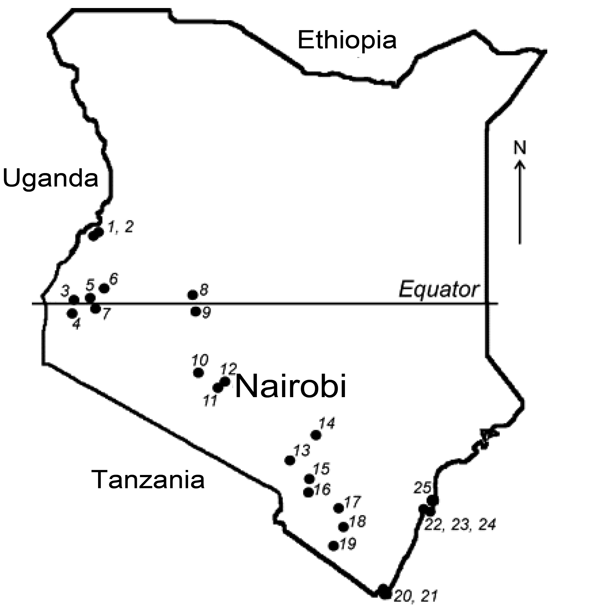 Field sites where bats were collected in Kenya. Numbers identify collection sites (5).